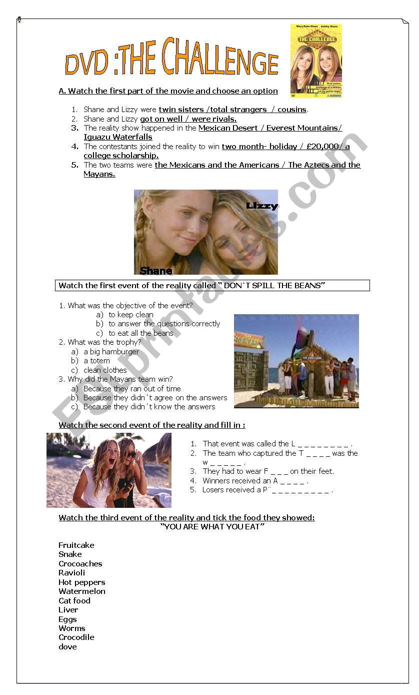 THE CHALLENGE reality show worksheet
