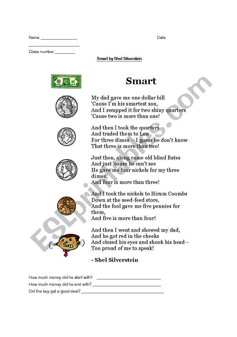 Smart by Shel Silverstein worksheet