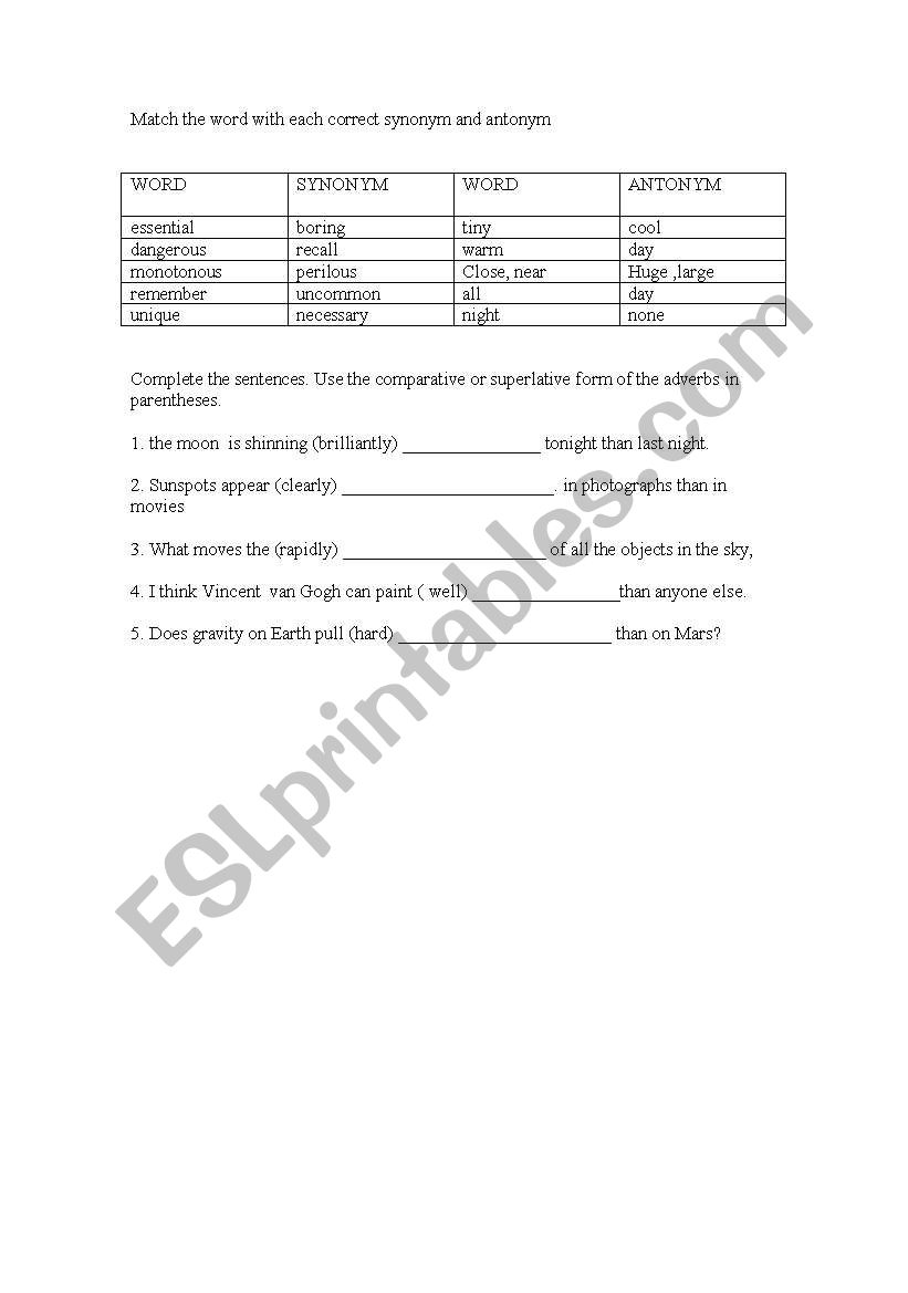 SYNONYMS, COMPARATIVES AND SUPERLATIVES