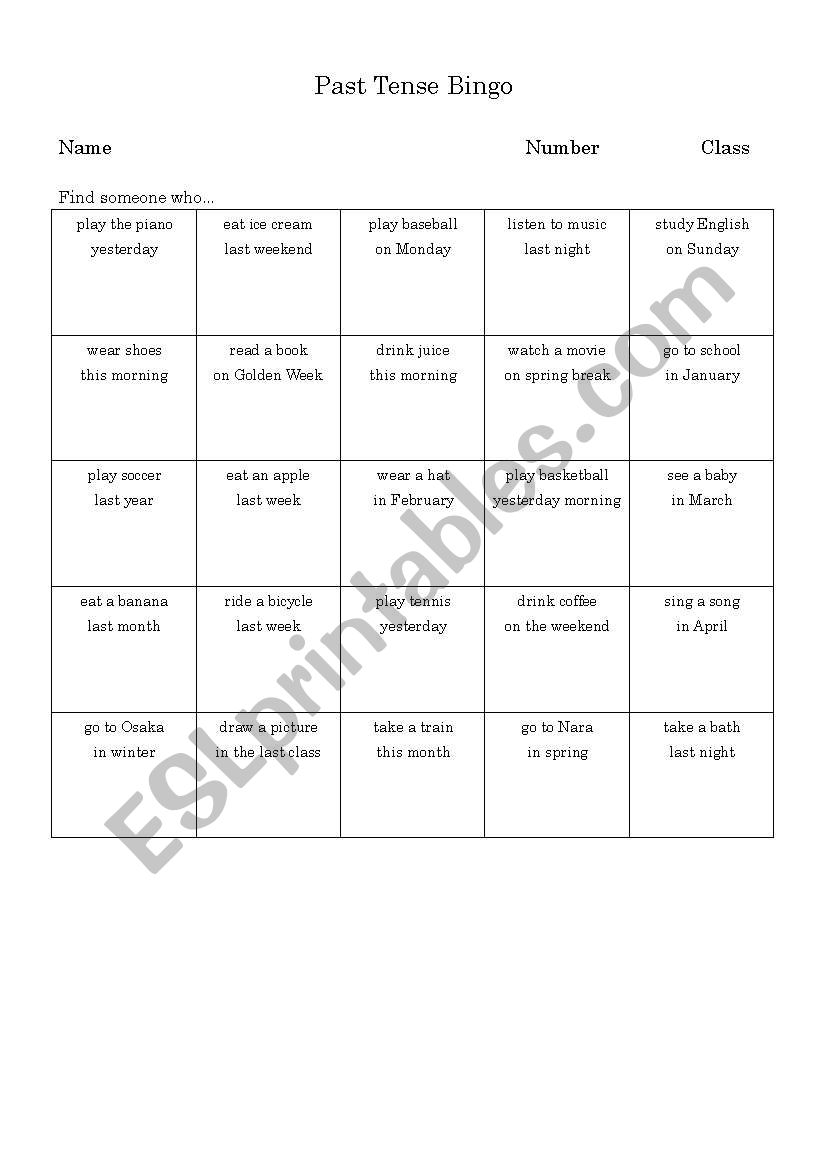 Past tense bingo worksheet