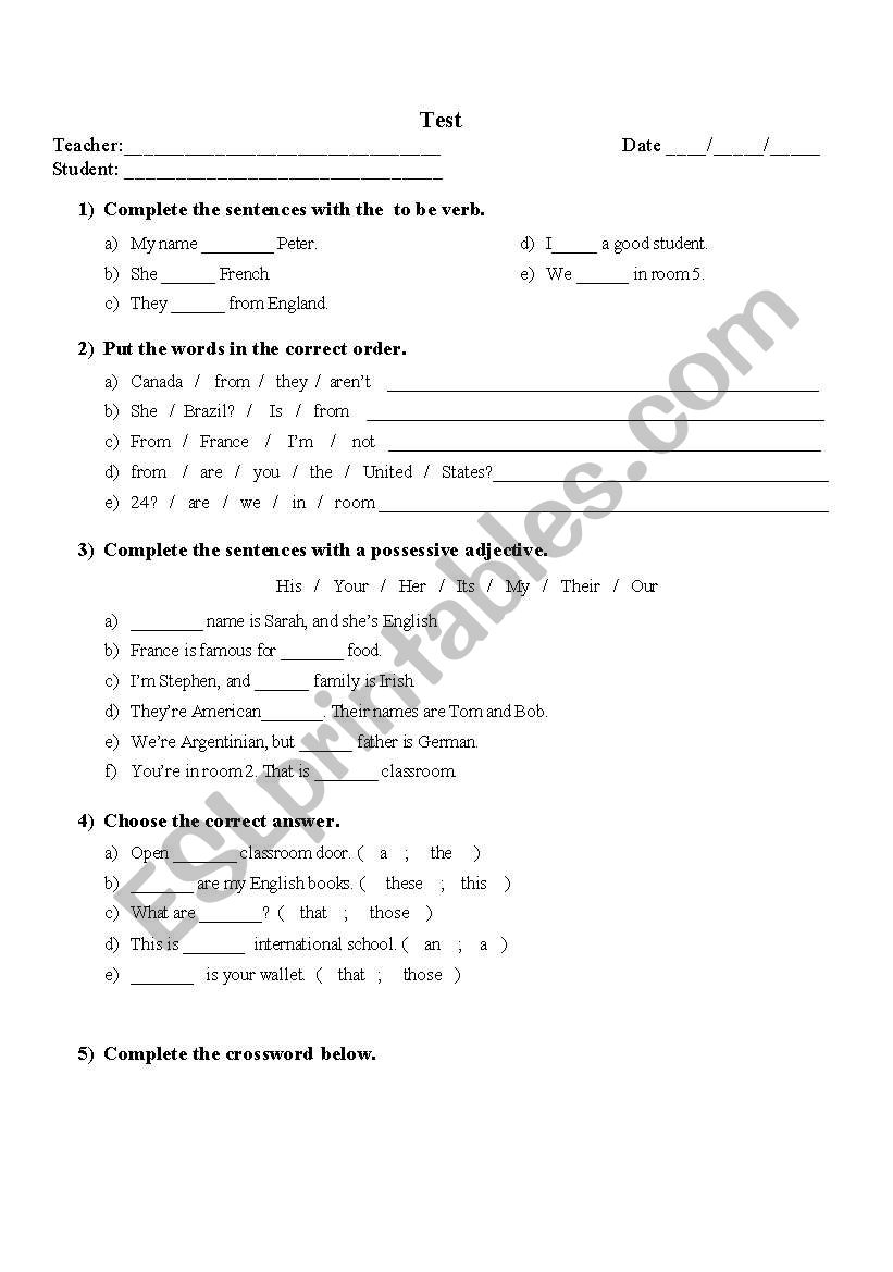 Test 1st semester worksheet