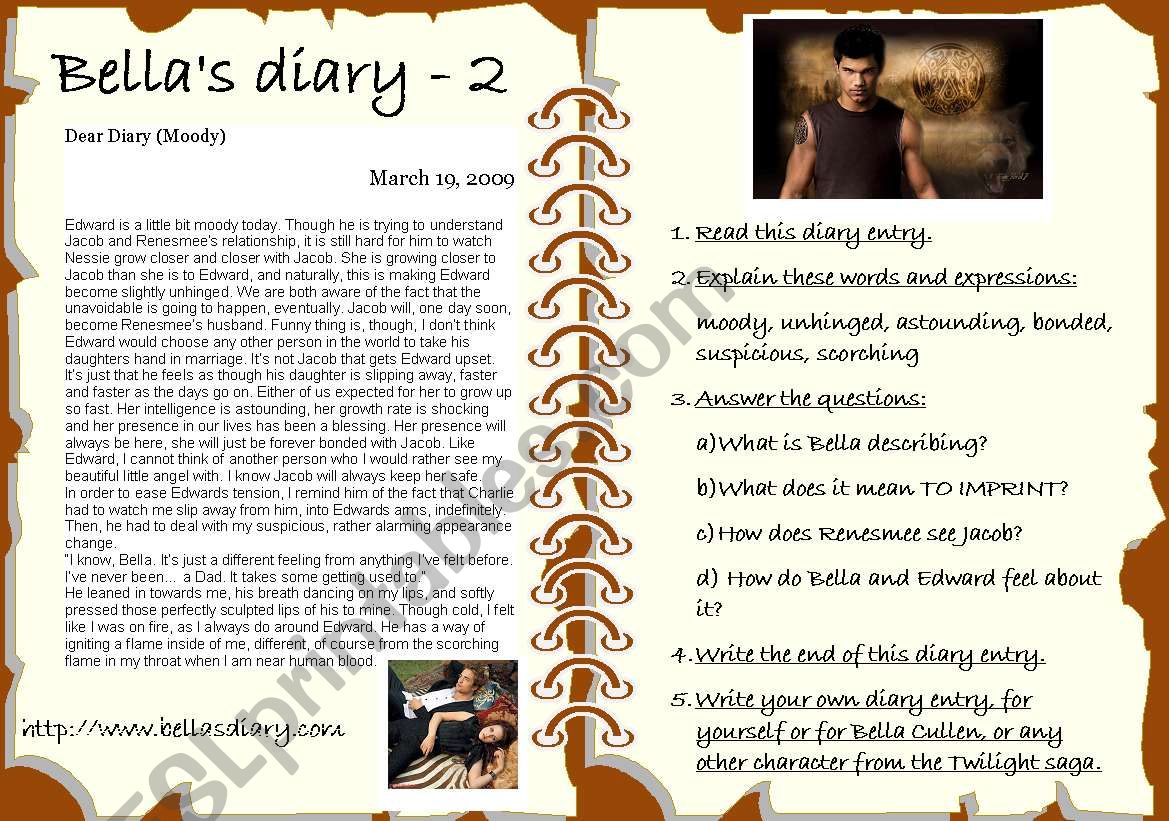 Bellas diary 2 worksheet