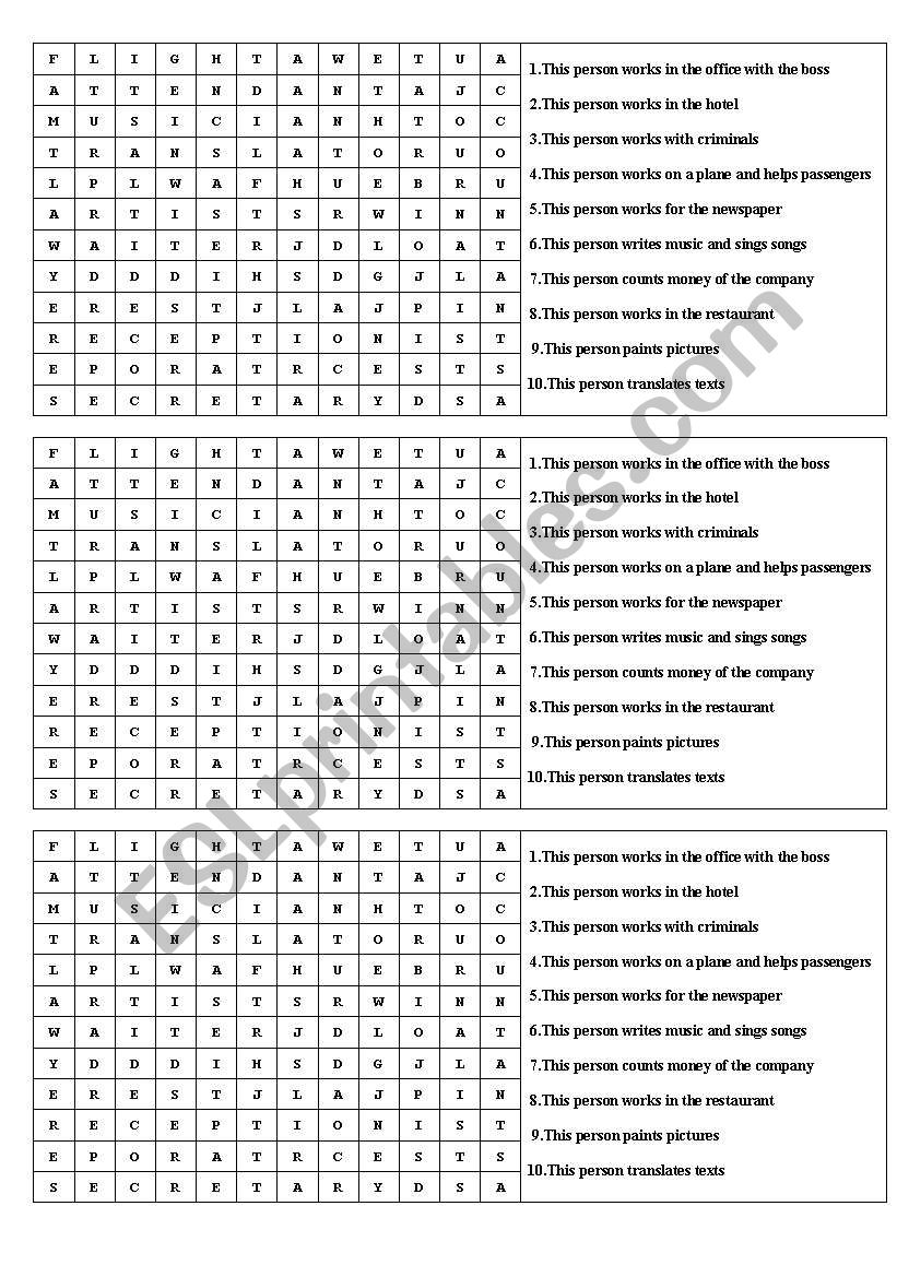 Jobs (word search) worksheet