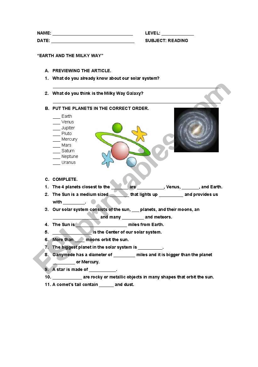 Earth and the Milky Way worksheet