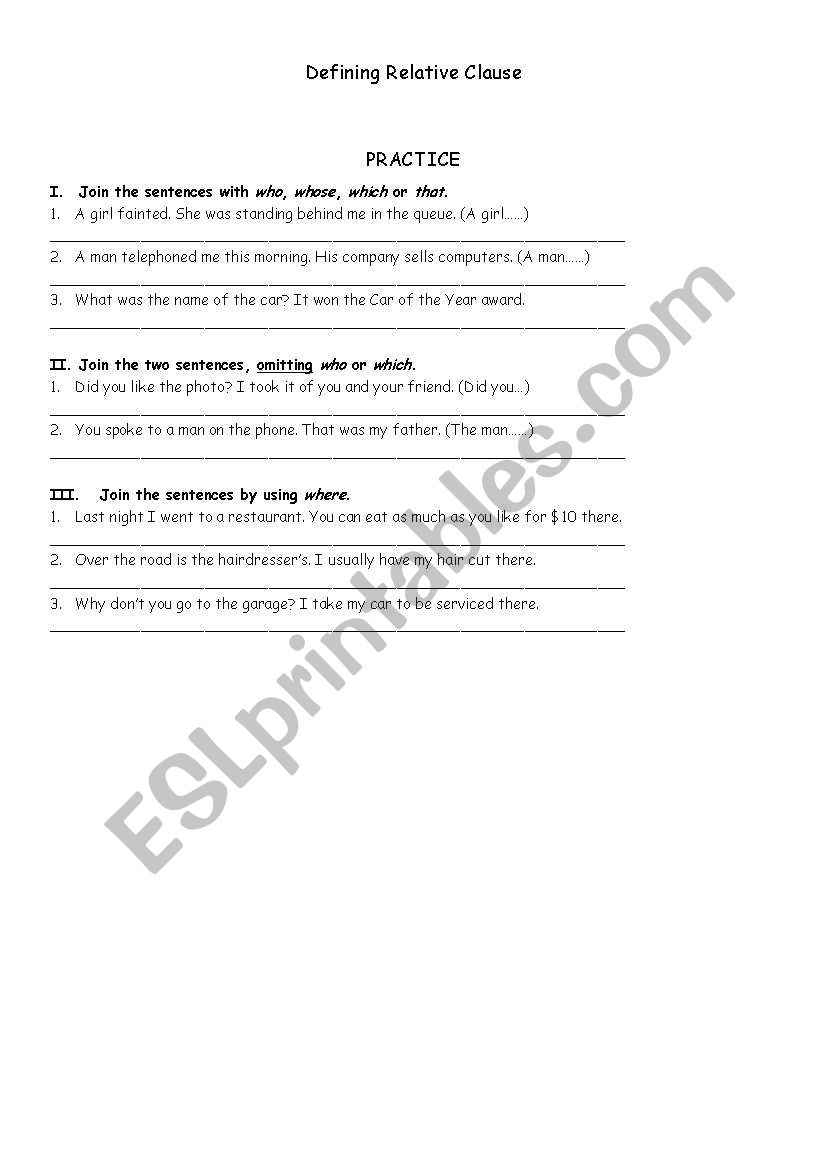 Exercise for defining relative clause