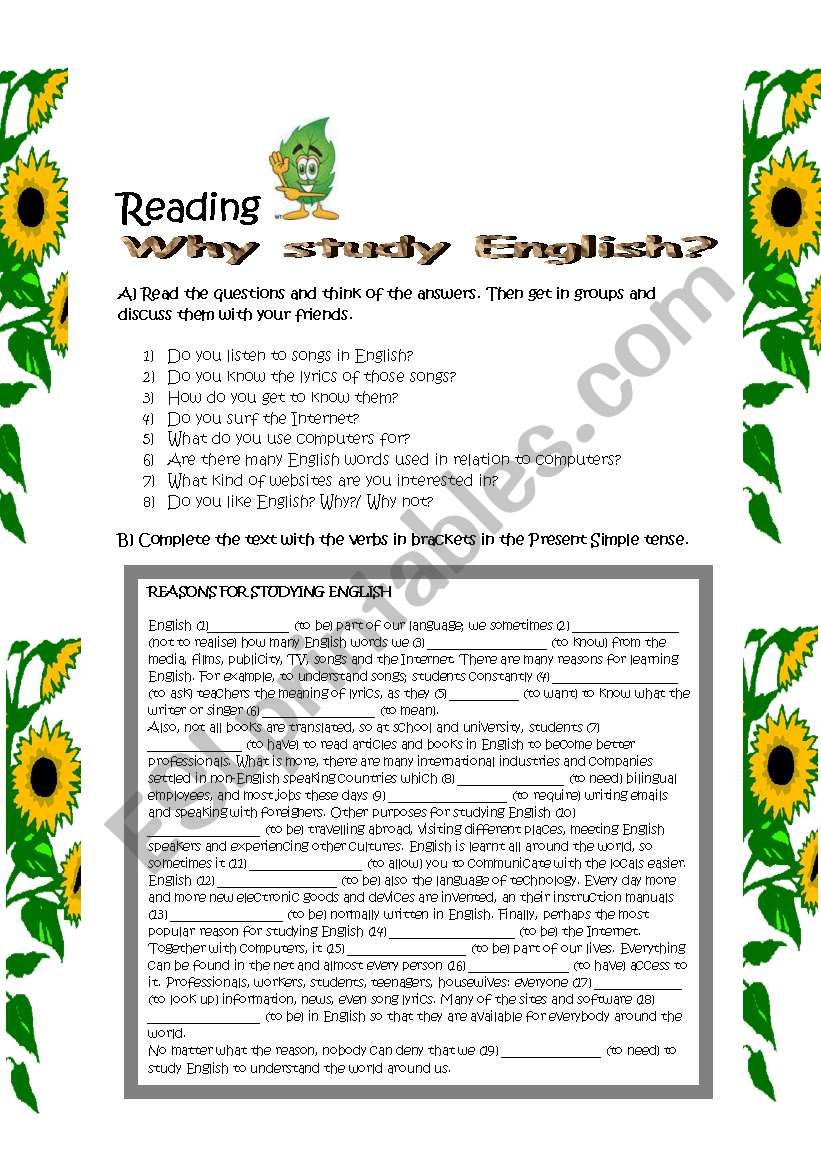 READING: Why study English? worksheet