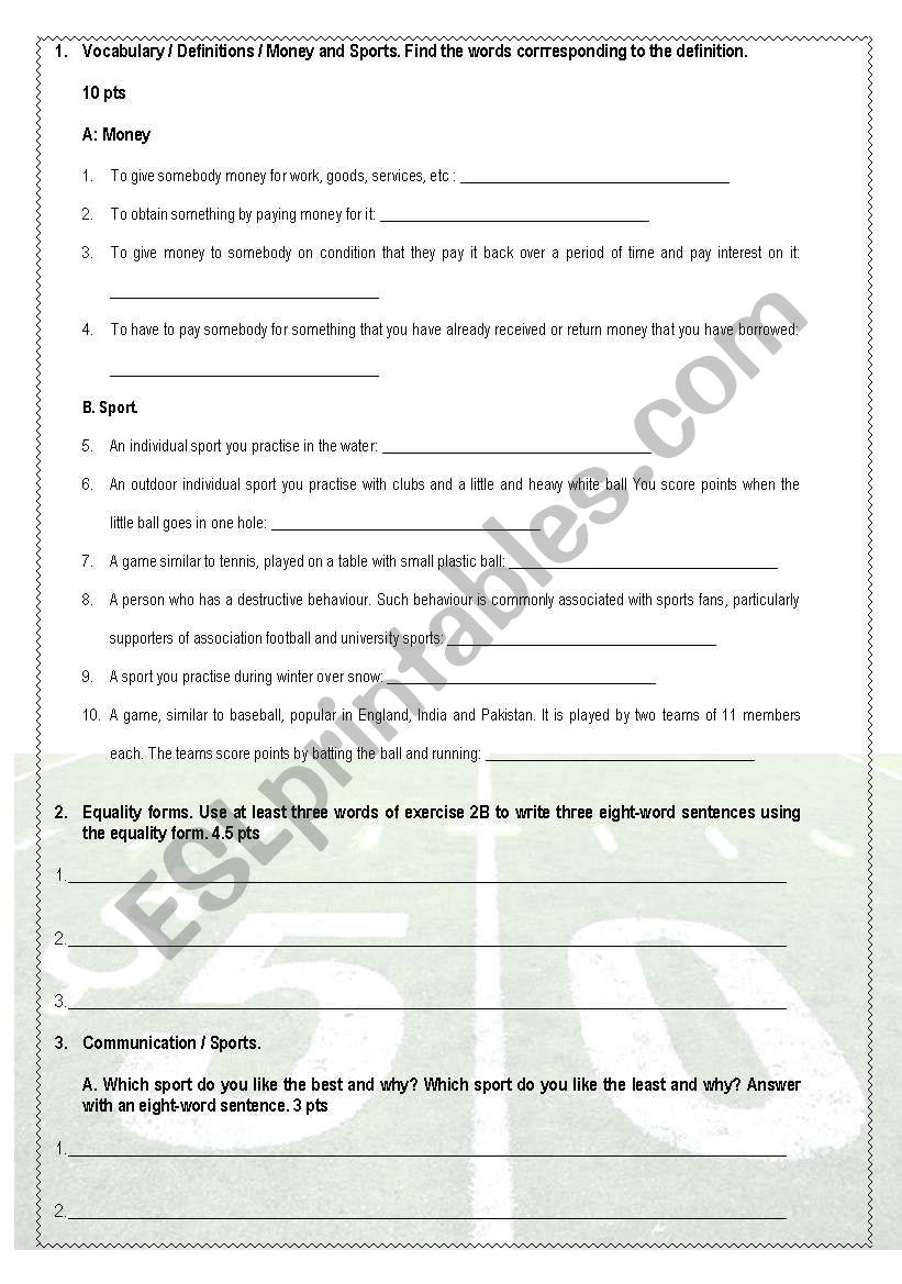 vocabulary sport uniform money relative clauses and comparative