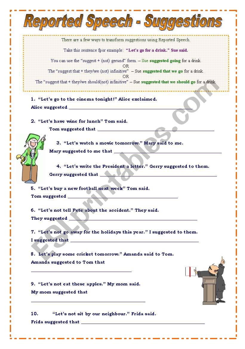 Reported Speech - Suggestions worksheet