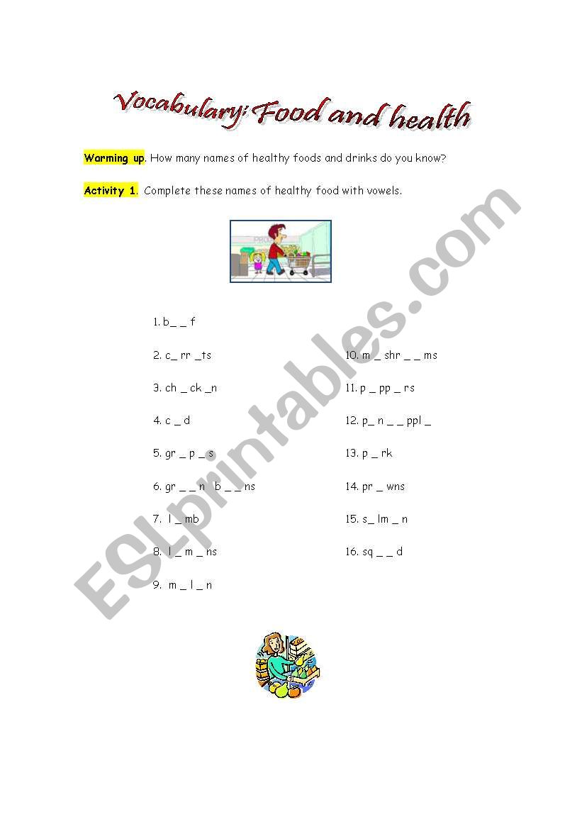 Food and health worksheet