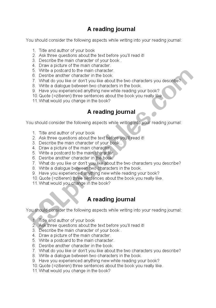 A reading journal worksheet