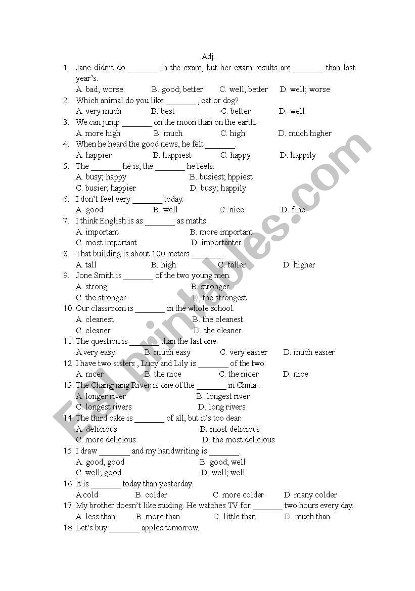 the exercise of adj. worksheet