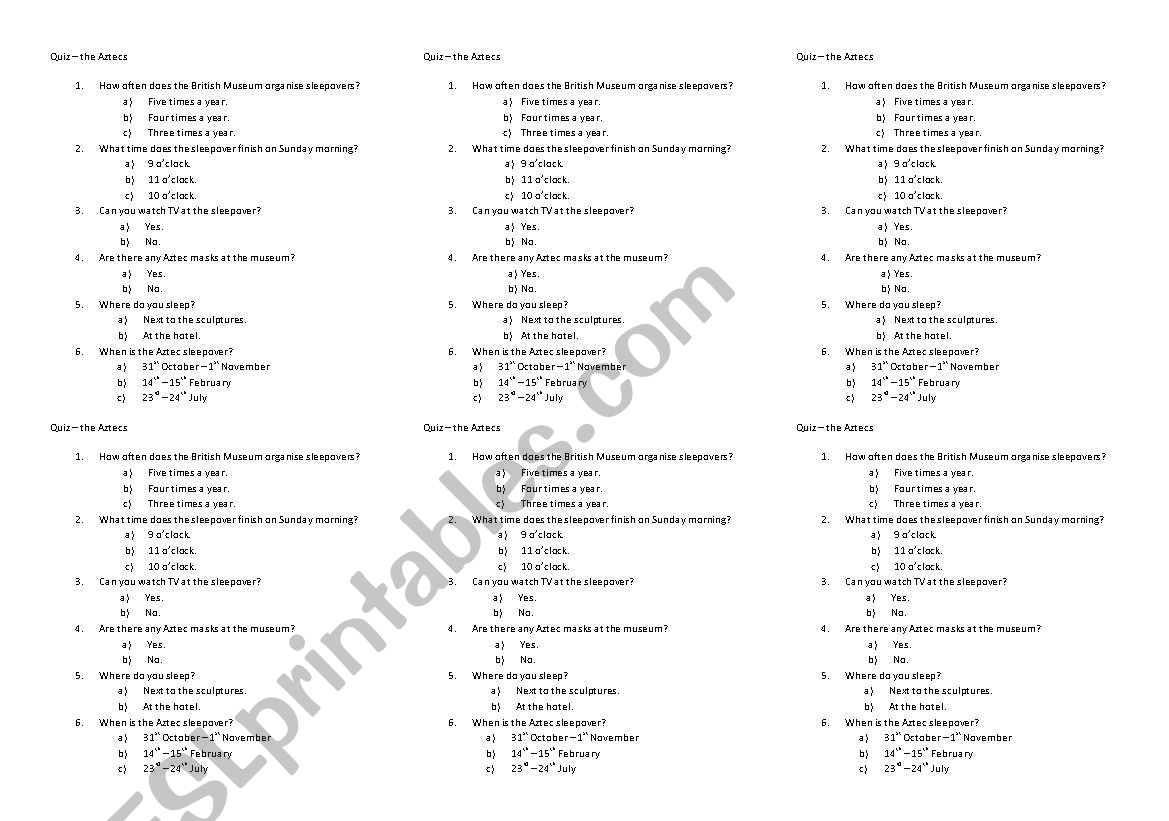 Sleeping with the Aztecs Quiz worksheet