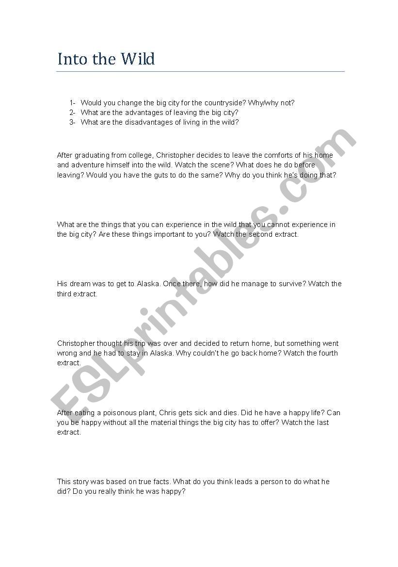 into the wild worksheet