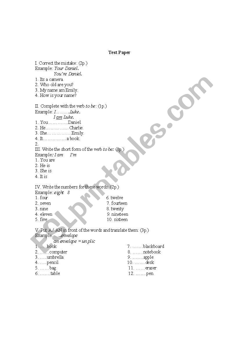 test paper worksheet