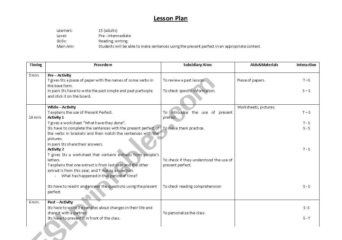 Grammar Lesson Plan worksheet