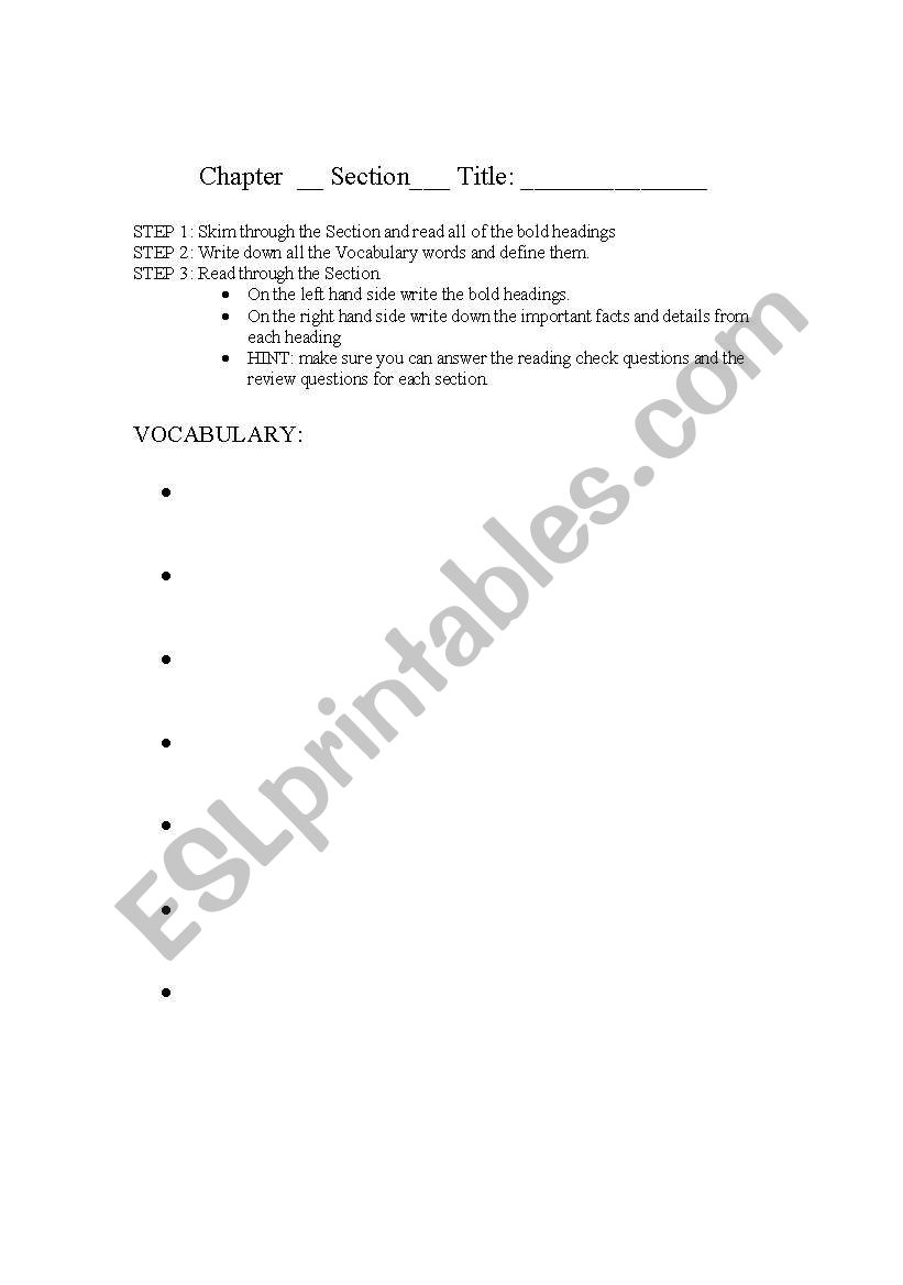 Cornell Note outline worksheet