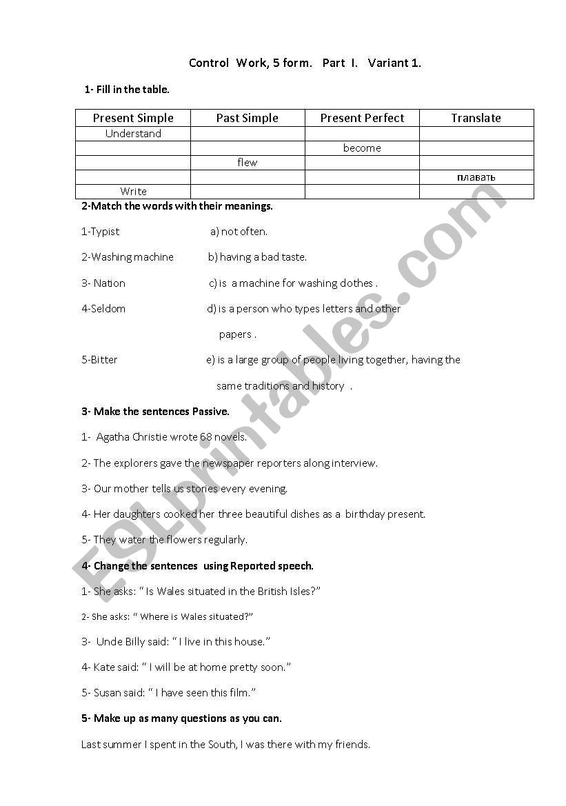 Test for 5th form Russian school