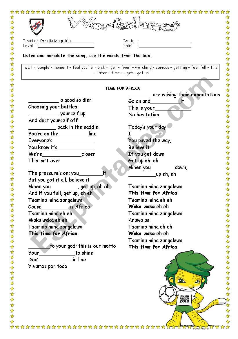 South africa world cup 2010 worksheet