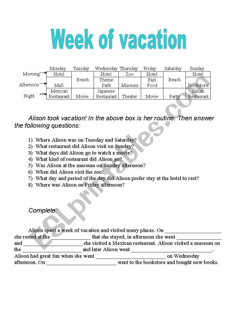 Week of vacation worksheet