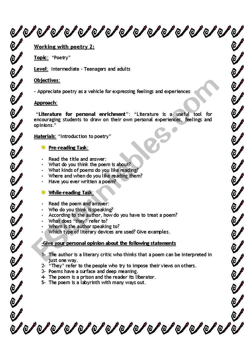 Working with poetry 2 worksheet