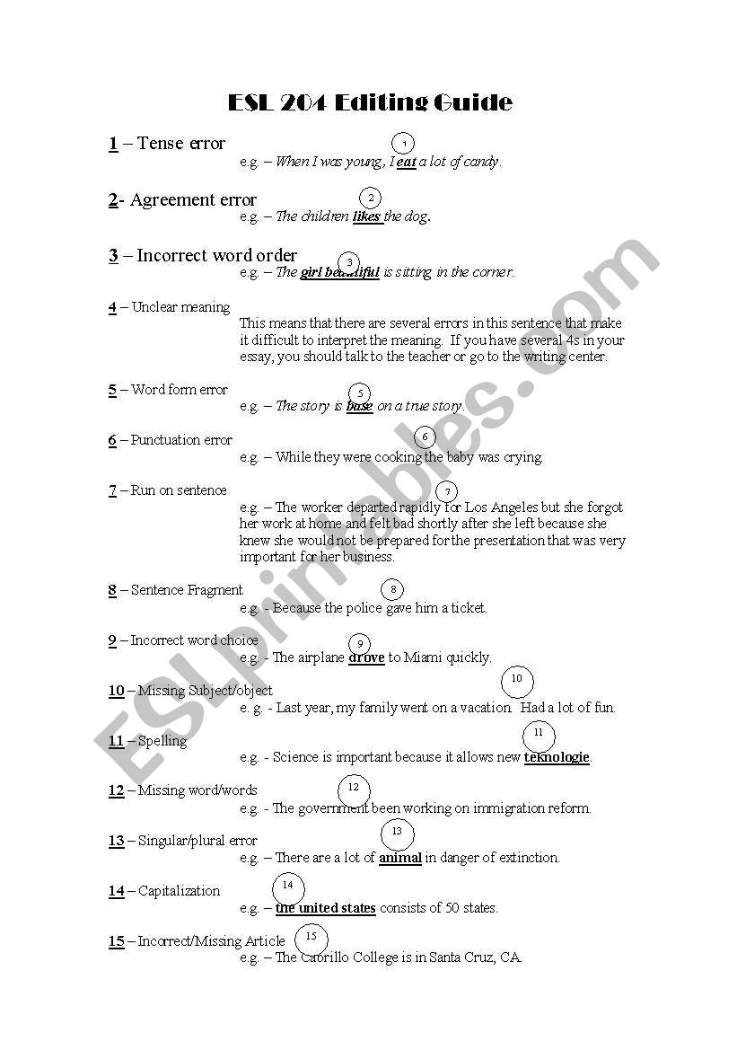 Editing Guide worksheet