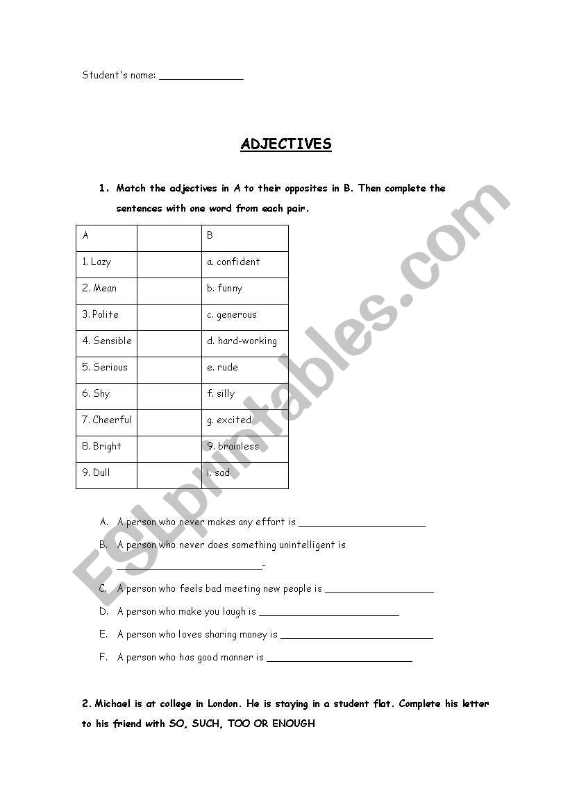 ADJECTIVES worksheet