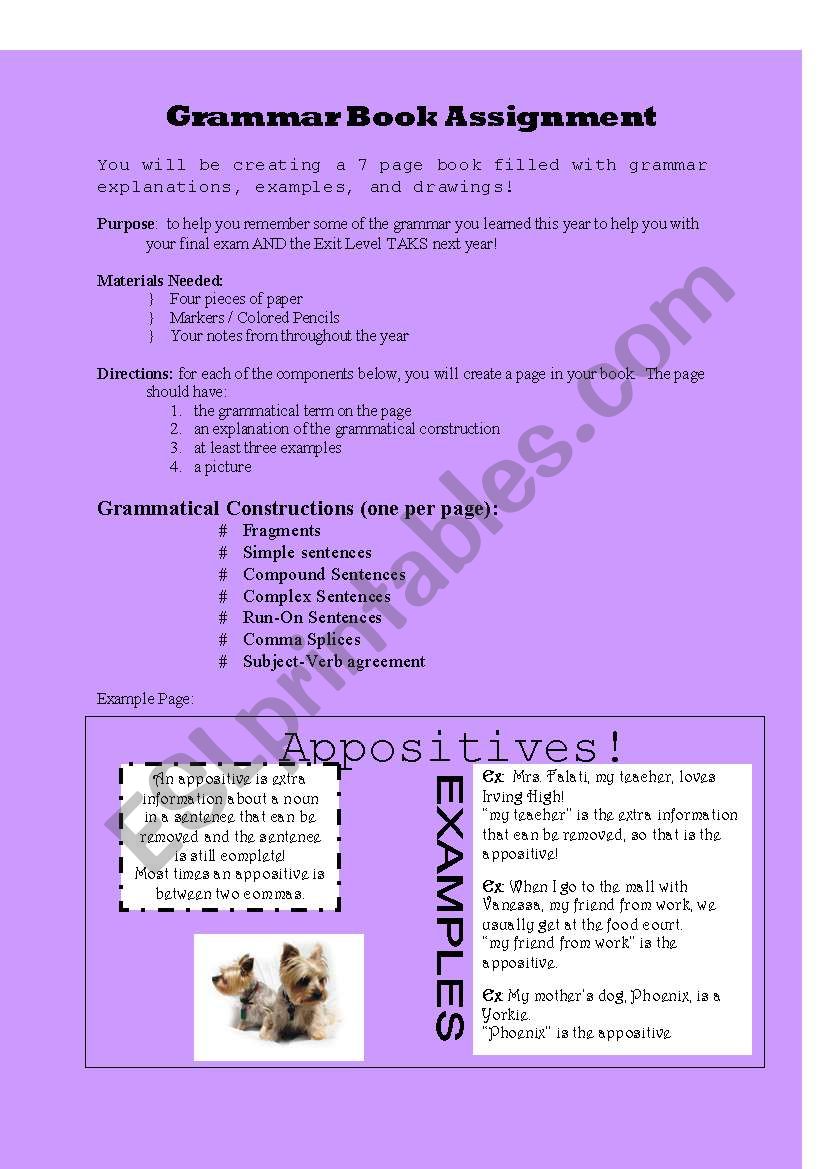 Grammar Book Assignment worksheet