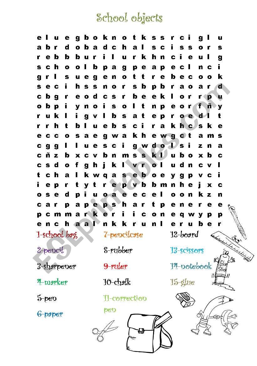 school objects wordsearch worksheet