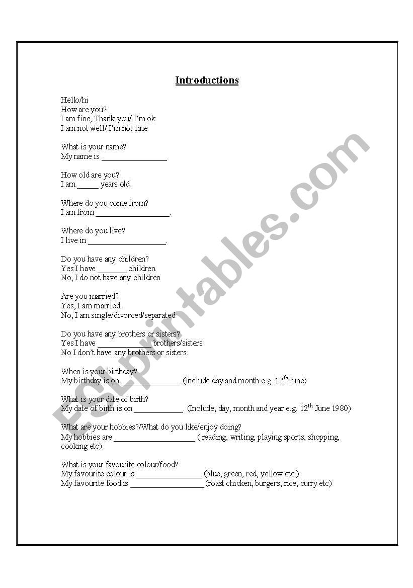 Introductions worksheet