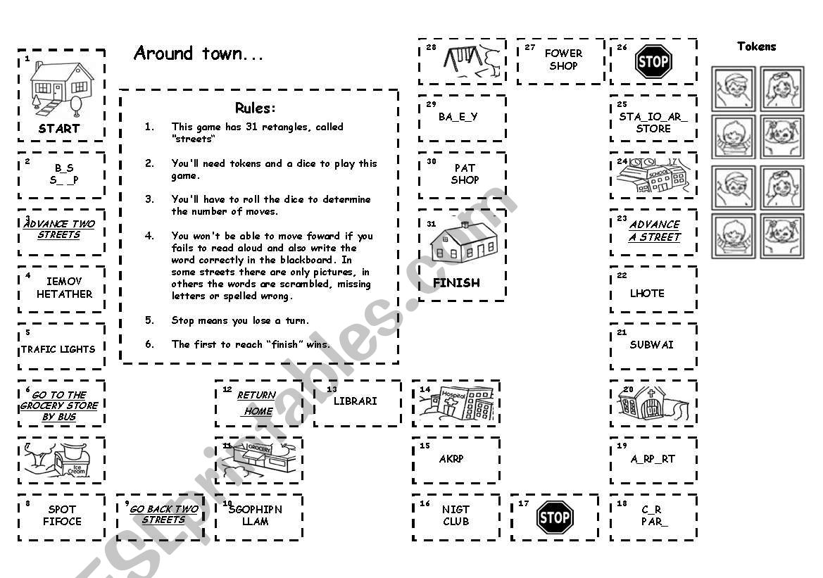 Places in town - game board worksheet