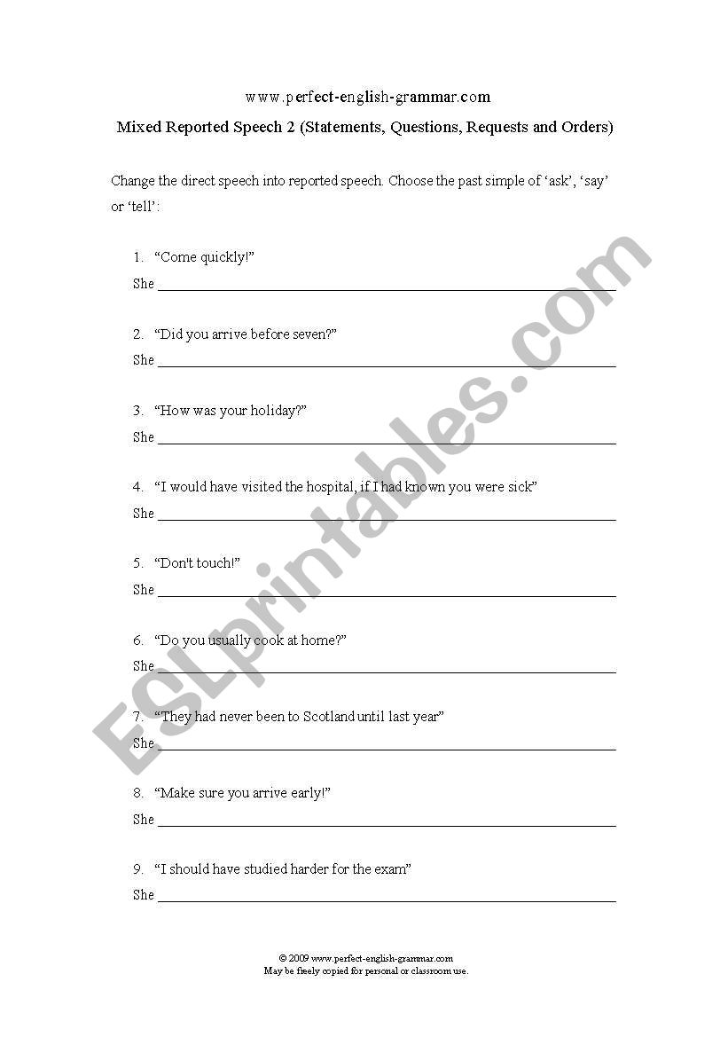 Reported Speech worksheet