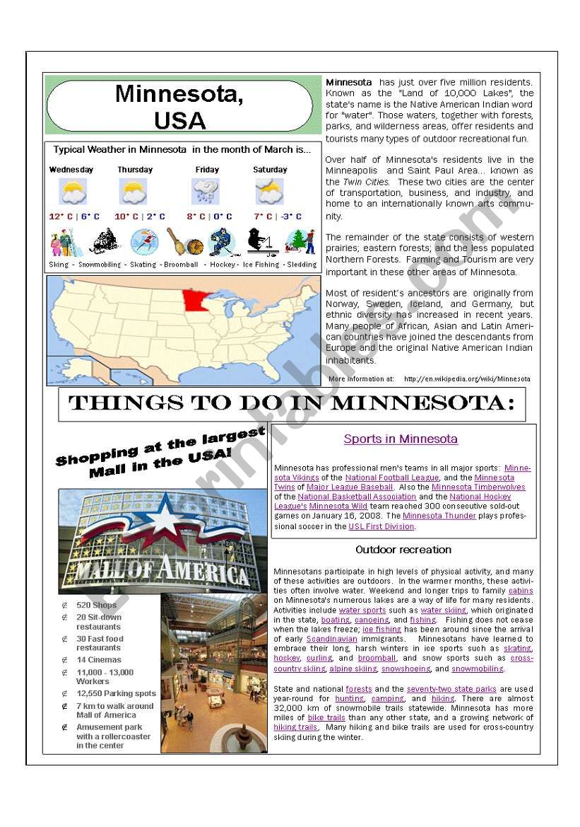 Minnesota, USA worksheet