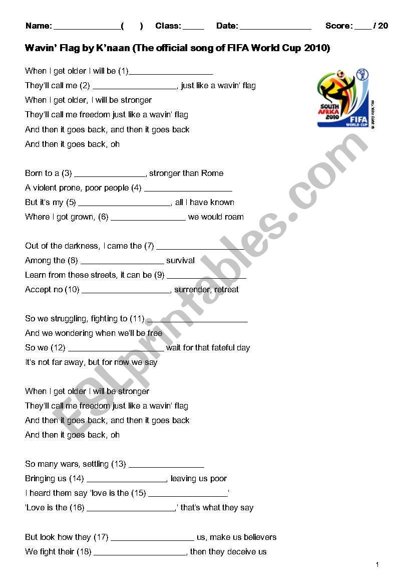 Wavin Flag worksheet