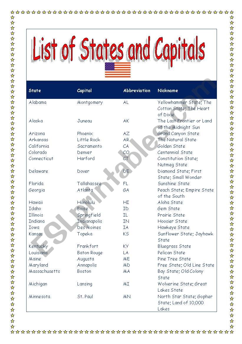 USA States and Capitals USA worksheet