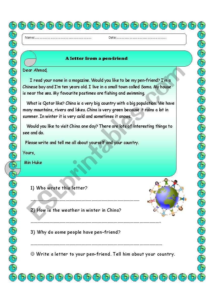 A letter from a pen-friend worksheet