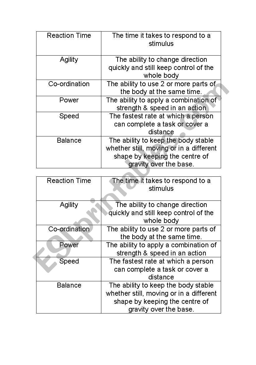 English Worksheets Components Of Fitness Matching Task