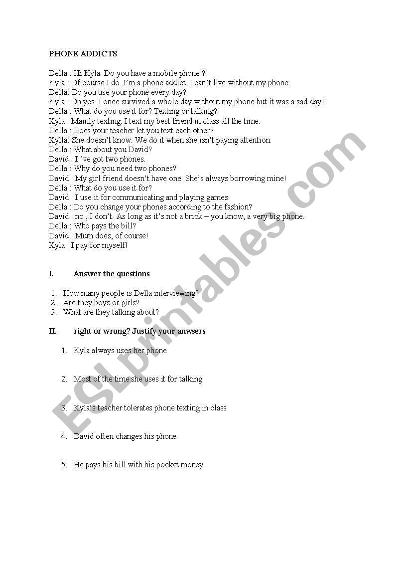 phone addicts worksheet