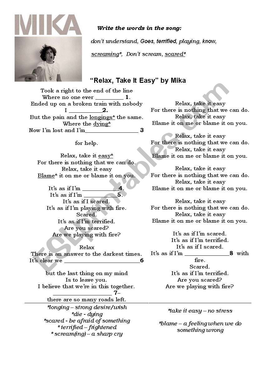relax take it easy by Mika worksheet