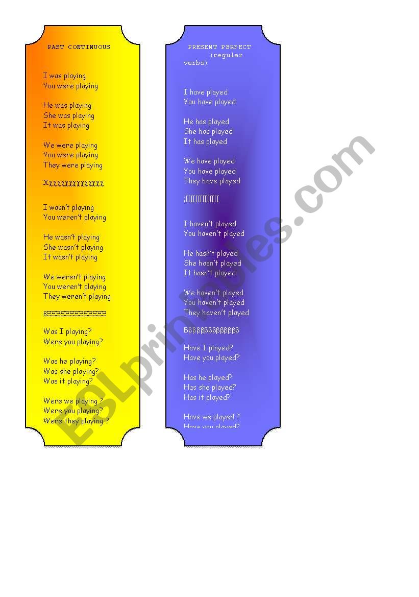 Tenses bookmarks worksheet