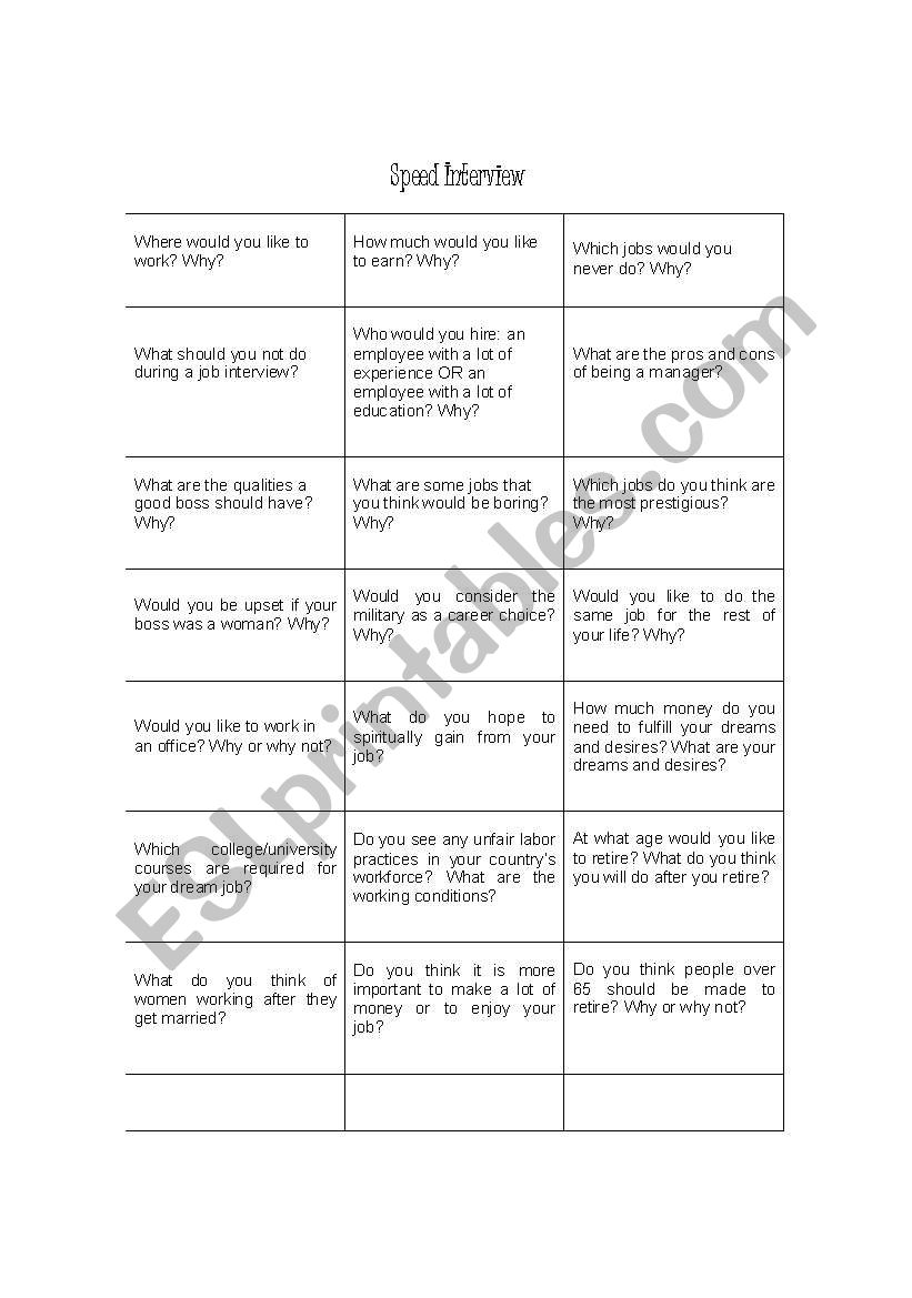 Speed Interviewing worksheet