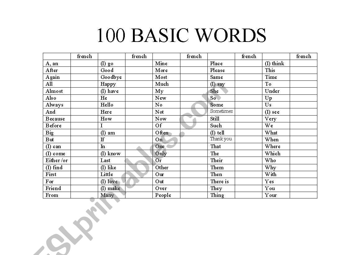 100 basic words worksheet