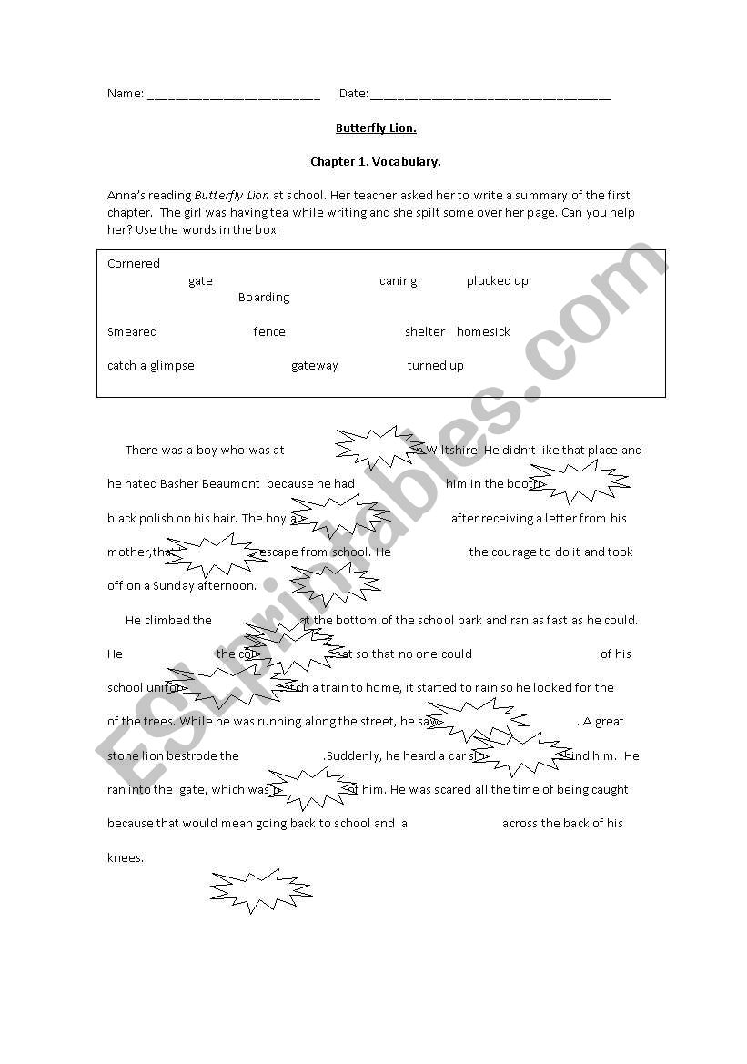 Butterfly Lion. Chapter 1. Vocabulary Exercise.