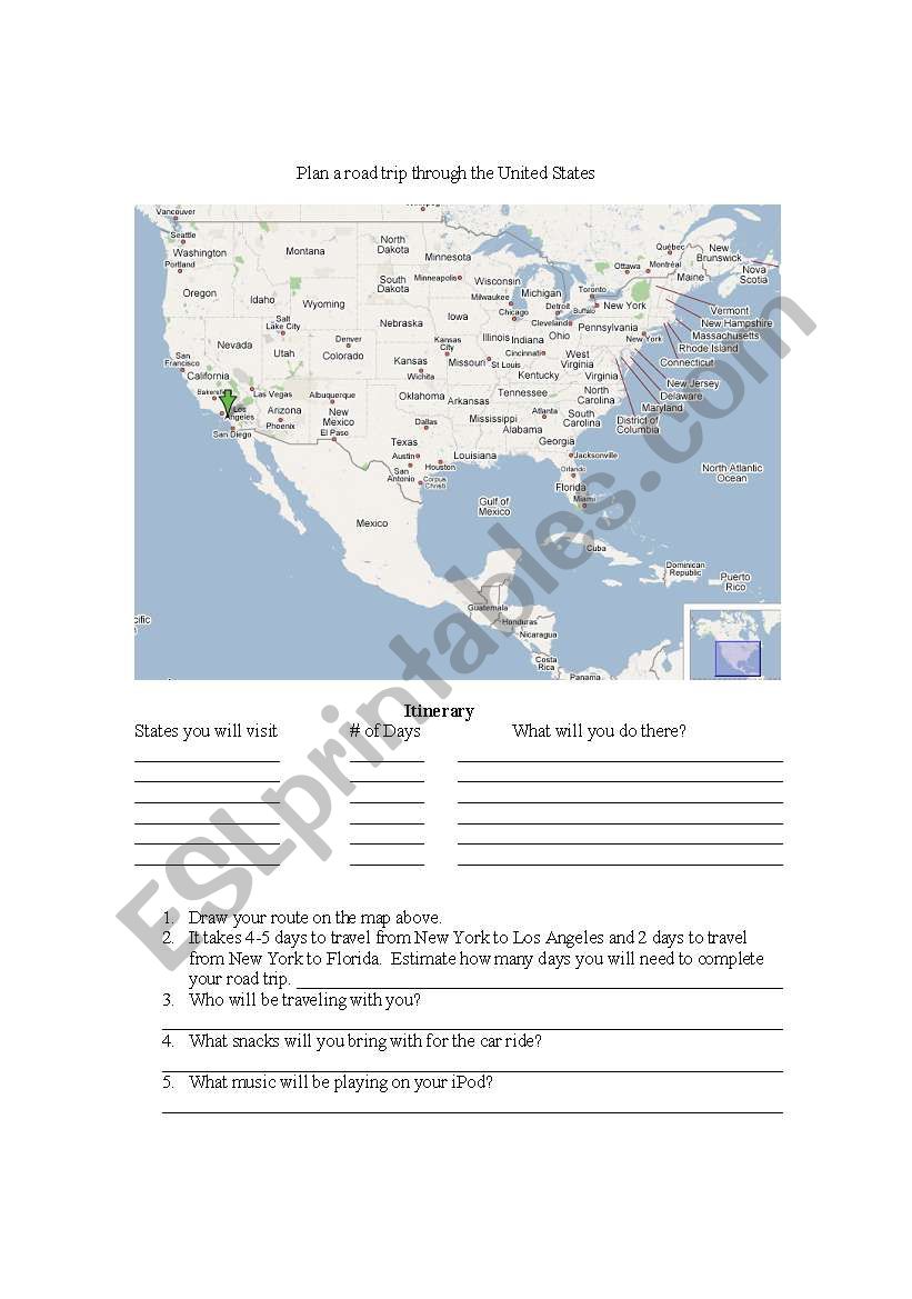 Road Trip worksheet