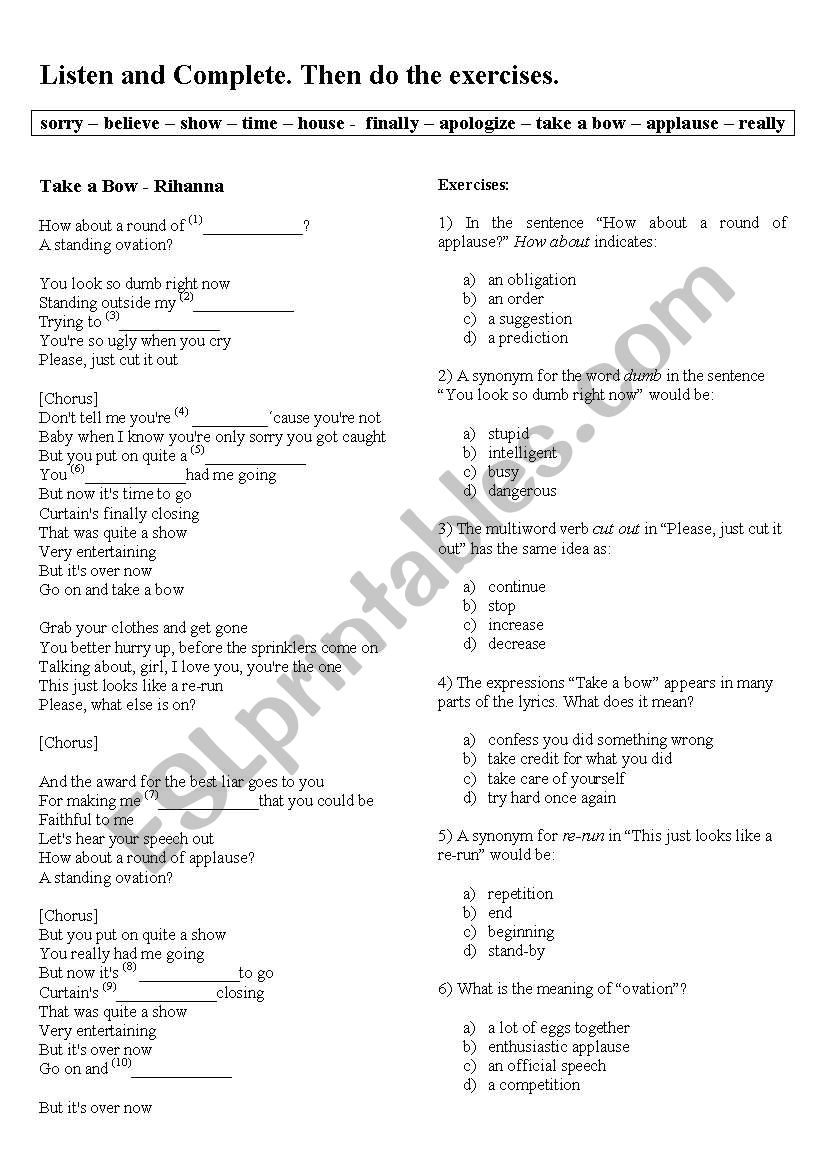 Song: Take a bow + Exercises worksheet