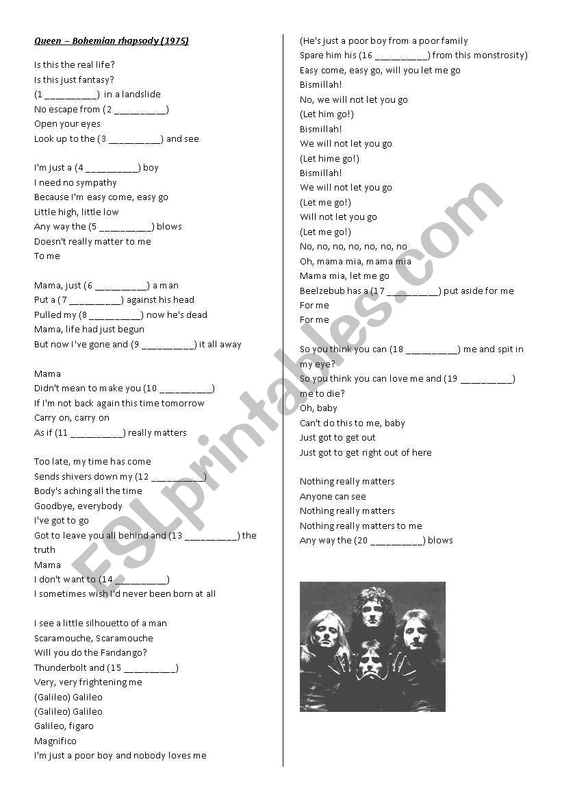 Queen Bohemian Rhapsody worksheet