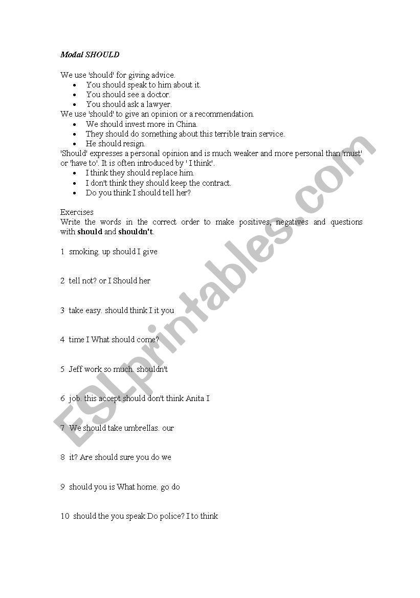 Modal SHOULD worksheet