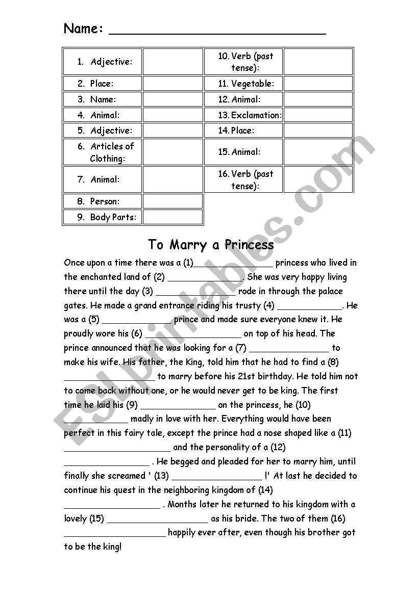 Mad Libs - To Marry A Princess