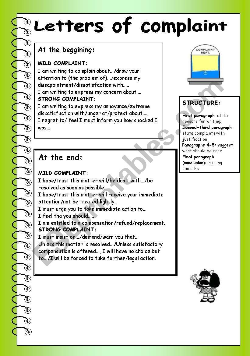 Letters of complaint worksheet