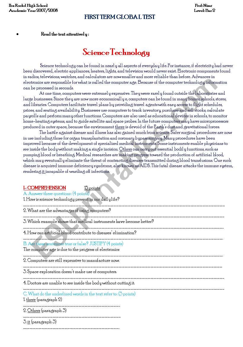 science technology worksheet