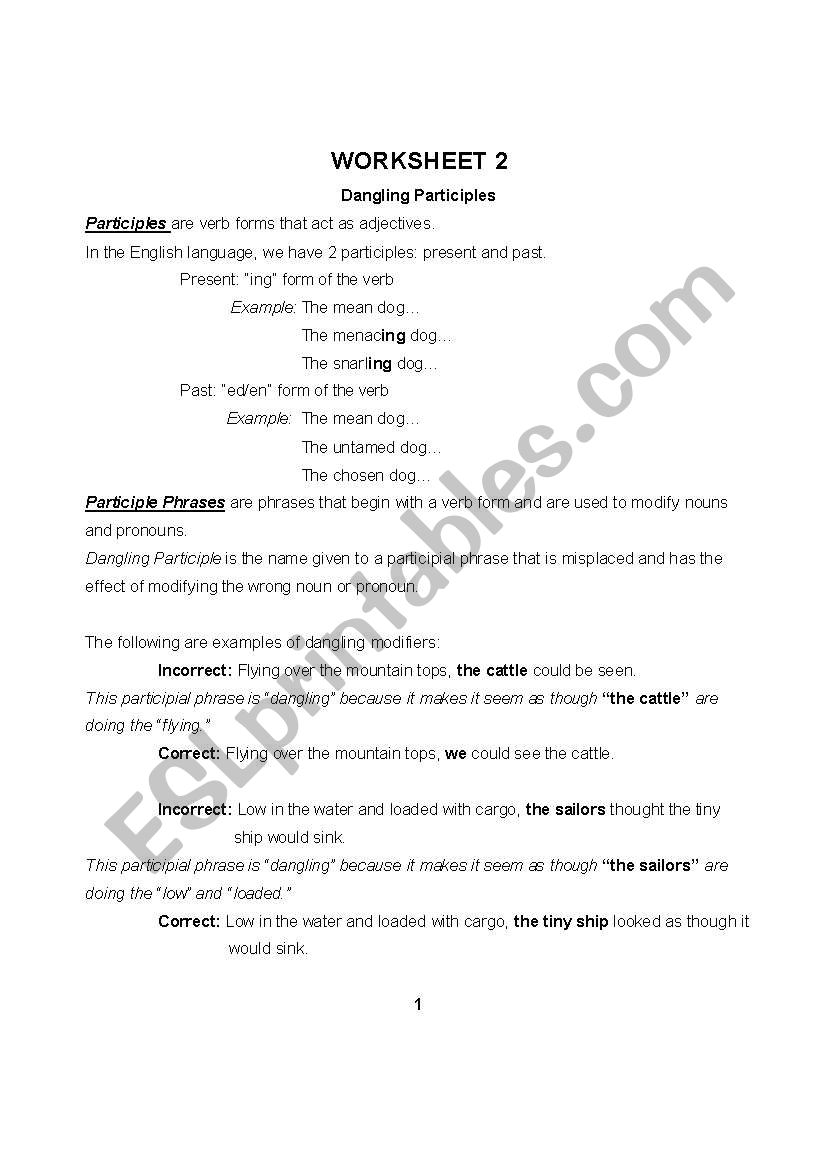 dangling participles worksheet
